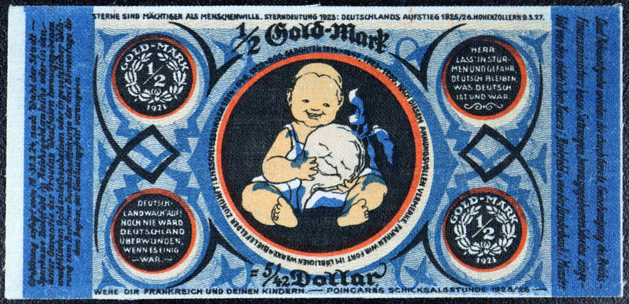 BIELEFELD 1923 LINEN! "Smiling Baby w/Rutabaga" 1/2 Gold Mark = 5/42 US Dollar Wertbeständiges Notgeld
