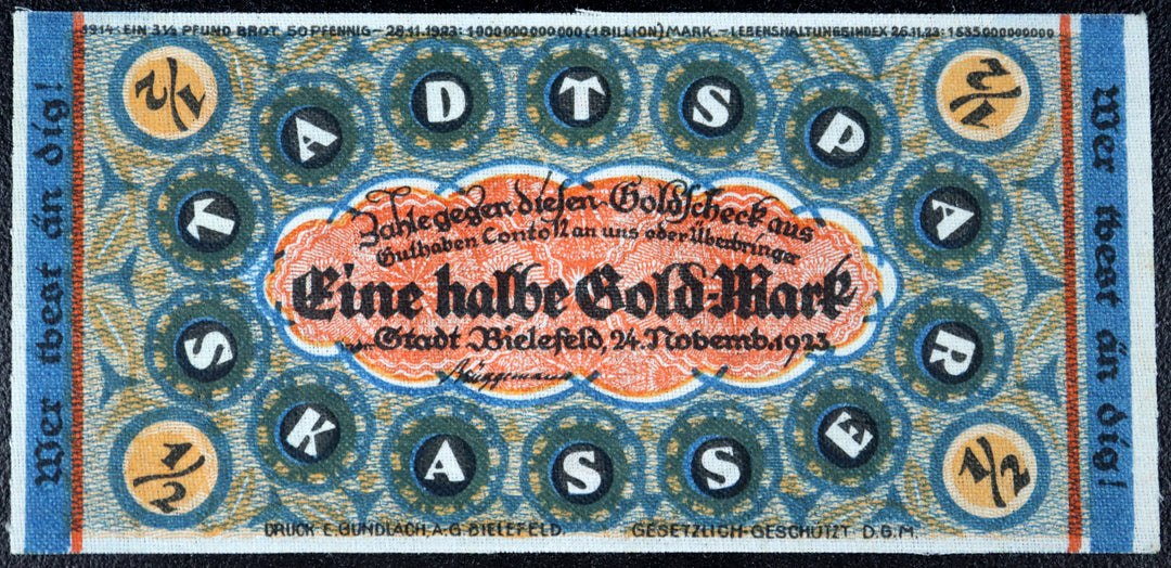 BIELEFELD 1923 LINEN! "Smiling Baby w/Rutabaga" 1/2 Gold Mark = 5/42 US Dollar Wertbeständiges Notgeld