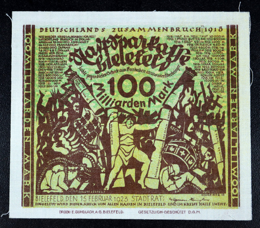 BIELEFELD 1923 LINEN! 100 Milliarden = 100 Billion Mark Inflation Notgeld Stoffgeld Germany