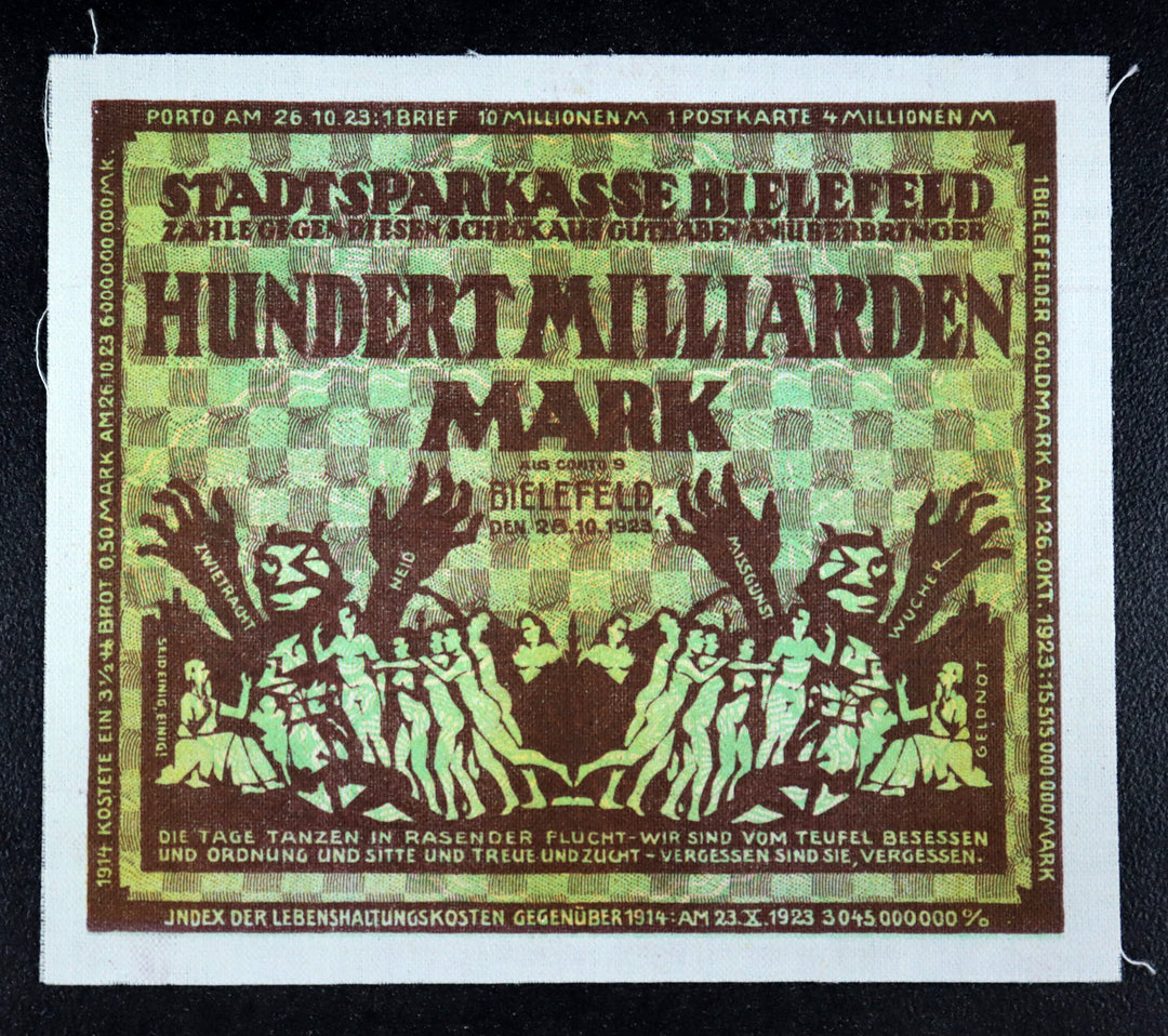 BIELEFELD 1923 LINEN! 100 Milliarden = 100 Billion Mark Inflation Notgeld Stoffgeld Germany