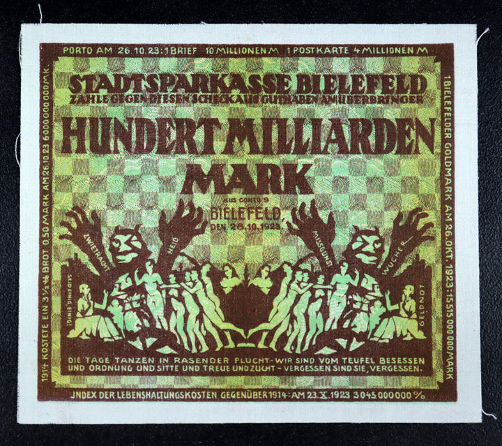 BIELEFELD 1923 LINEN! 100 Milliarden = 100 Billion Mark Inflation Notgeld Stoffgeld Germany