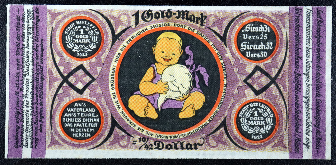 BIELEFELD 1923 LINEN! "Smiling Baby w/Rutabaga" 1 Gold Mark = 10/42 US Dollar Wertbeständiges Notgeld