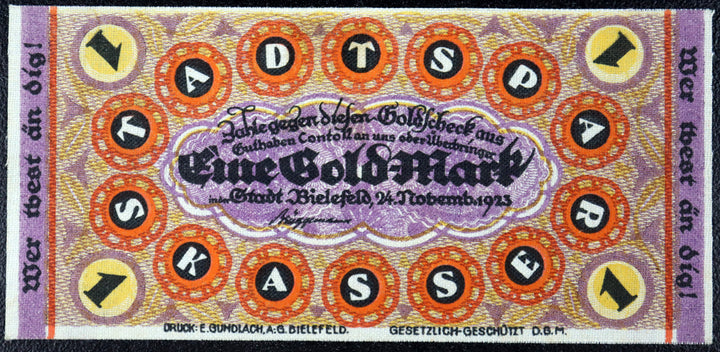 BIELEFELD 1923 LINEN! "Smiling Baby w/Rutabaga" 1 Gold Mark = 10/42 US Dollar Wertbeständiges Notgeld