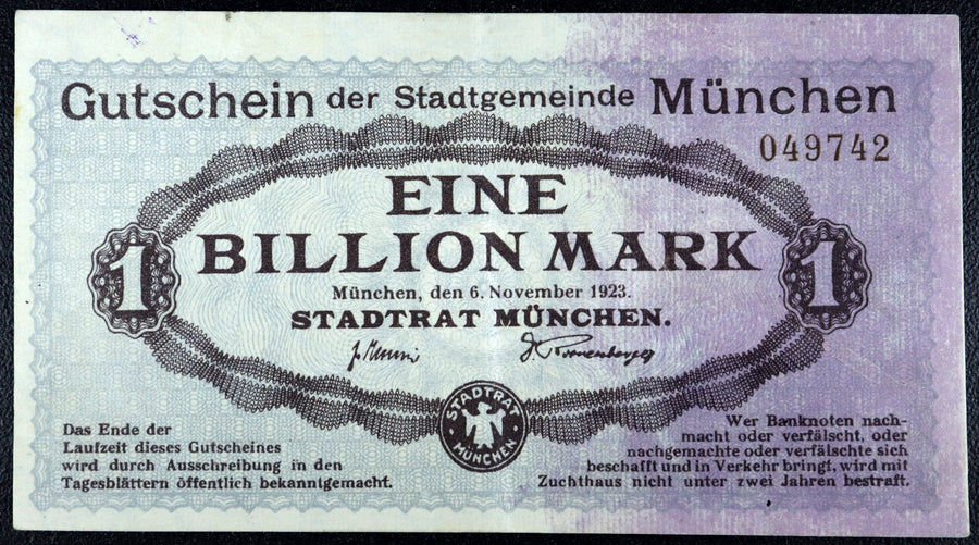 MUNICH / MÜNCHEN 1923 1 TRILLION Mark Hyperinflation Notgeld Germany